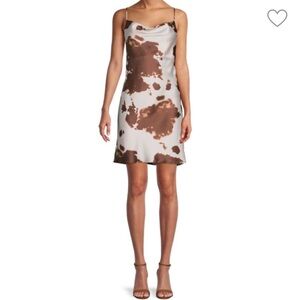 NWT Saks Fifth Avenue Renee C. Brown & White cowboy print Mini Slip satin Dress